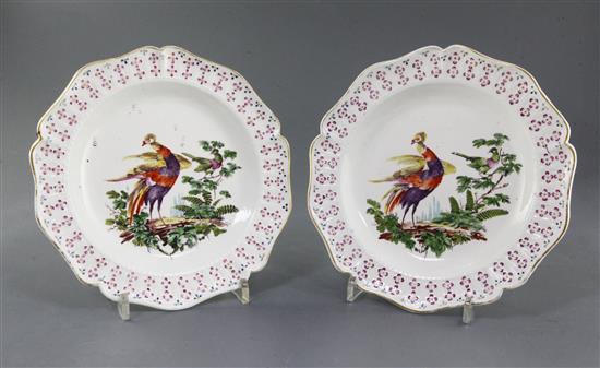 A pair of Derby cinquefoil shaped plates, c.1758, 21cm, minor faults,